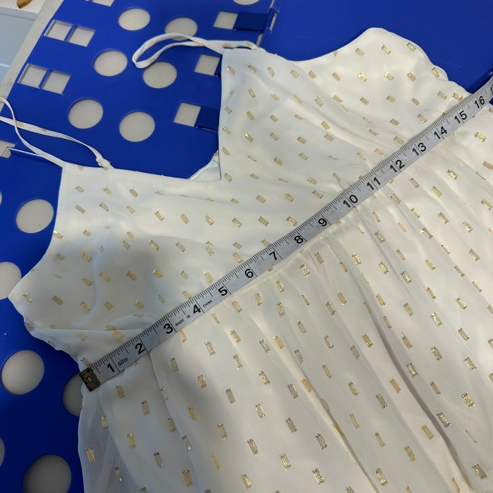 Express Tiered Maxi Dress Womens White Gold Metallic Foil‎ Clip Dot Boho Medium - Picture 13 of 14